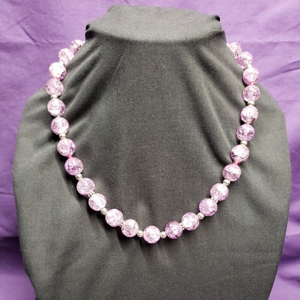 Purple Crackled Glass Beaded Necklace, Silver Tone, Multicolored Seed Beads
